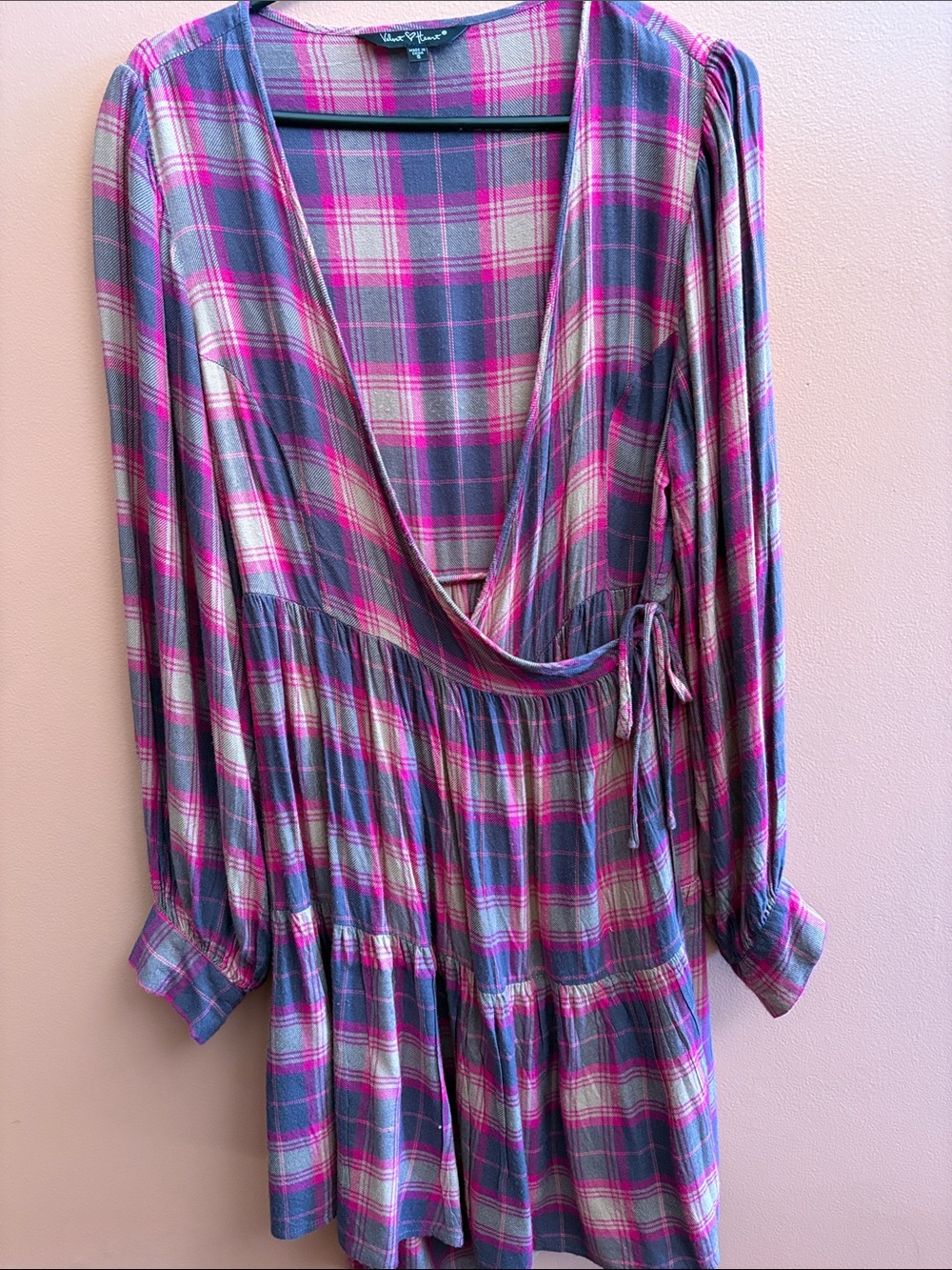 Velvet Heart Pink and Gray Plaid Wrap Dress